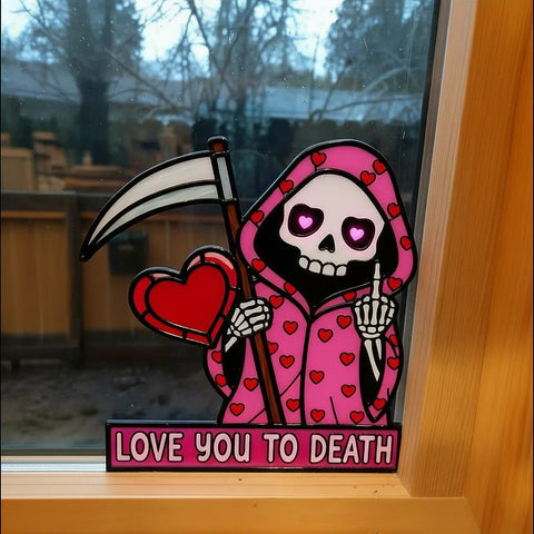"Love You To Death" Grim Reaper Window Corner Suncatcher | Pastel Goth Valentine