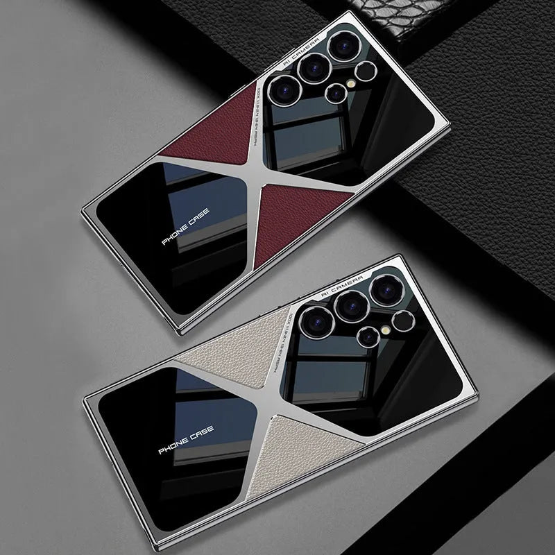 Cool Design Electroplated Leather Spliced Protective Shell for Samsung Galaxy S24Ultra S23Ultra