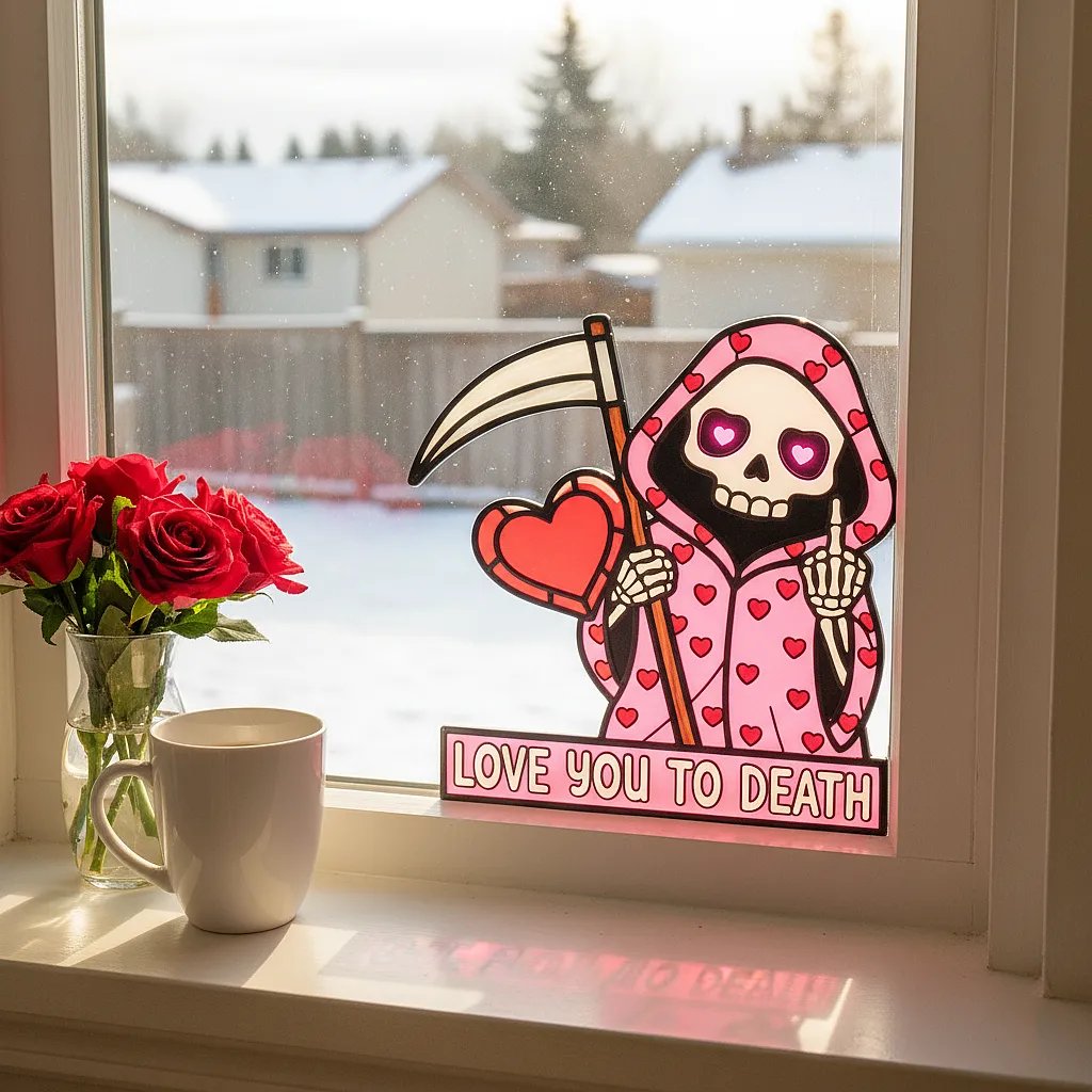 "Love You To Death" Grim Reaper Window Corner Suncatcher | Pastel Goth Valentine's Decor
