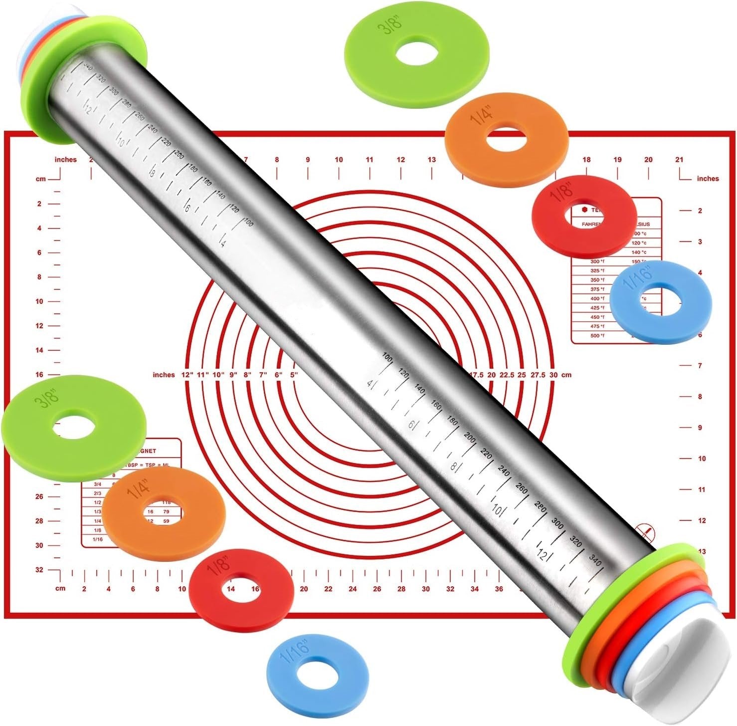 Adjustable Stainless Steel Rolling Pin with Thickness Rings