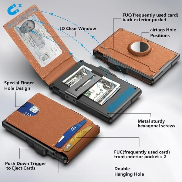 Wallet for Men - with Pop Up Aluminum Case Money Clip Slim Leather Slots Credit Card Holder RFID Blocking Bifold Minimalist Wallet