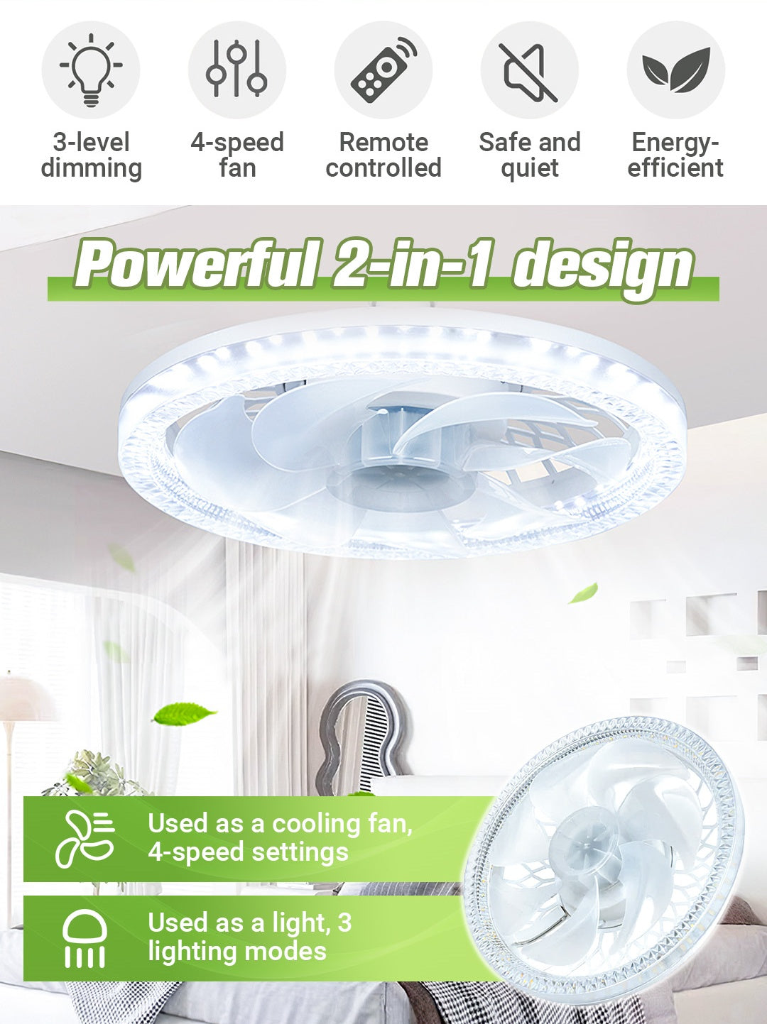 New for 2-in-1 Mute Adjustable Fan Light with Remote Control