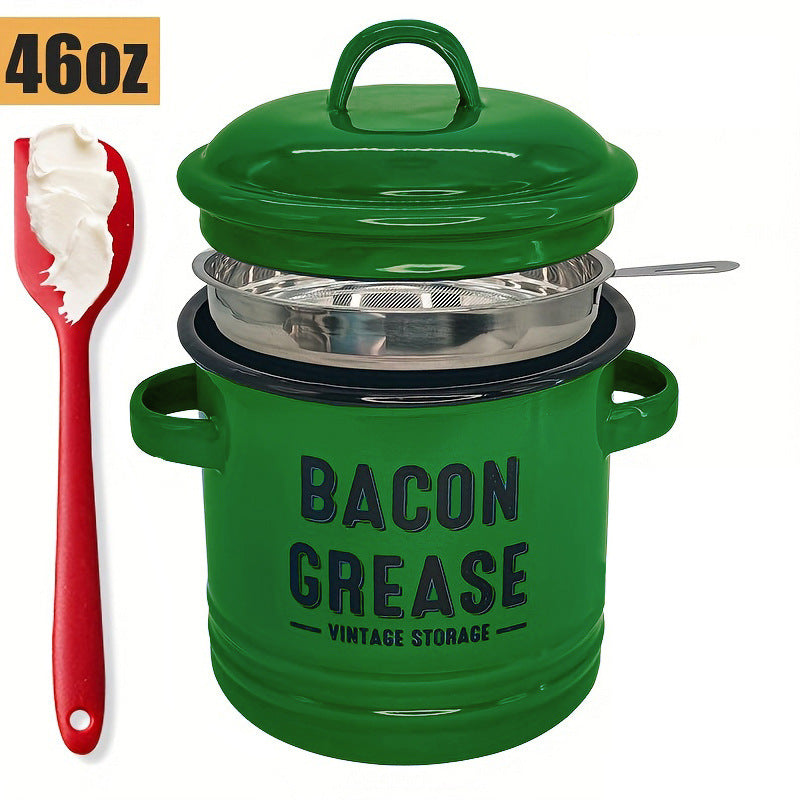 42 oz bacon grease container with strainer and food-grade silicone spatula