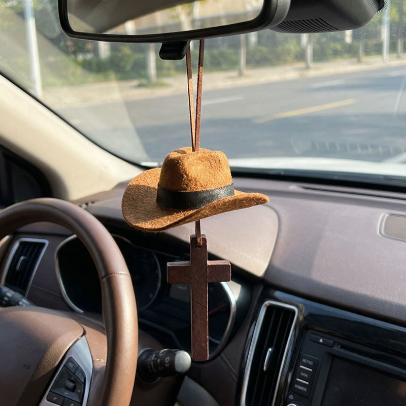 Cowboy Hat & Cross Car Charm | A Ride with Style & Faith