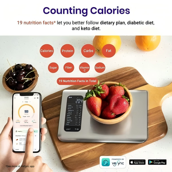 AI Smart Food Scale | 19 Nutrient Facts Auto Scan | Digital Calorie Counter for Meal Prep & Fitness | Compact Stainless Design