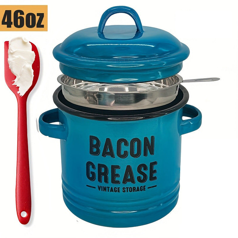 42 oz bacon grease container with strainer and food-grade silicone spatula