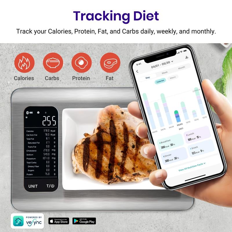 AI Smart Food Scale | 19 Nutrient Facts Auto Scan | Digital Calorie Counter for Meal Prep & Fitness | Compact Stainless Design