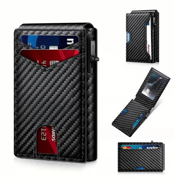 Premium Aluminum RFID Blocking Minimalist Wallet for Men - Pop-Up Card Access, Money Clip & ID Window