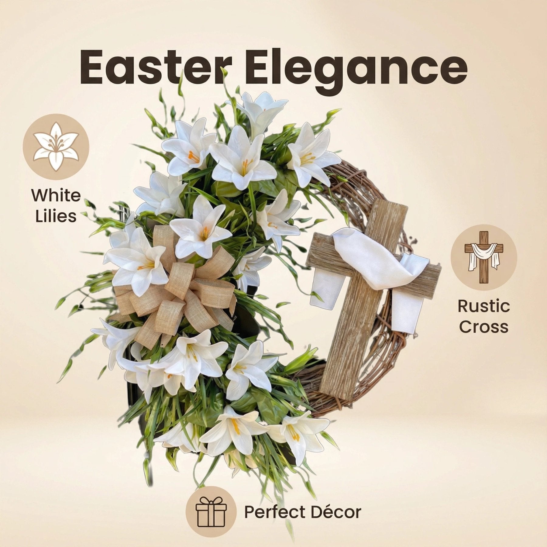 #1 Bestselling - Easter “Holy Embrace” White Lilies Crucifix Wreath
