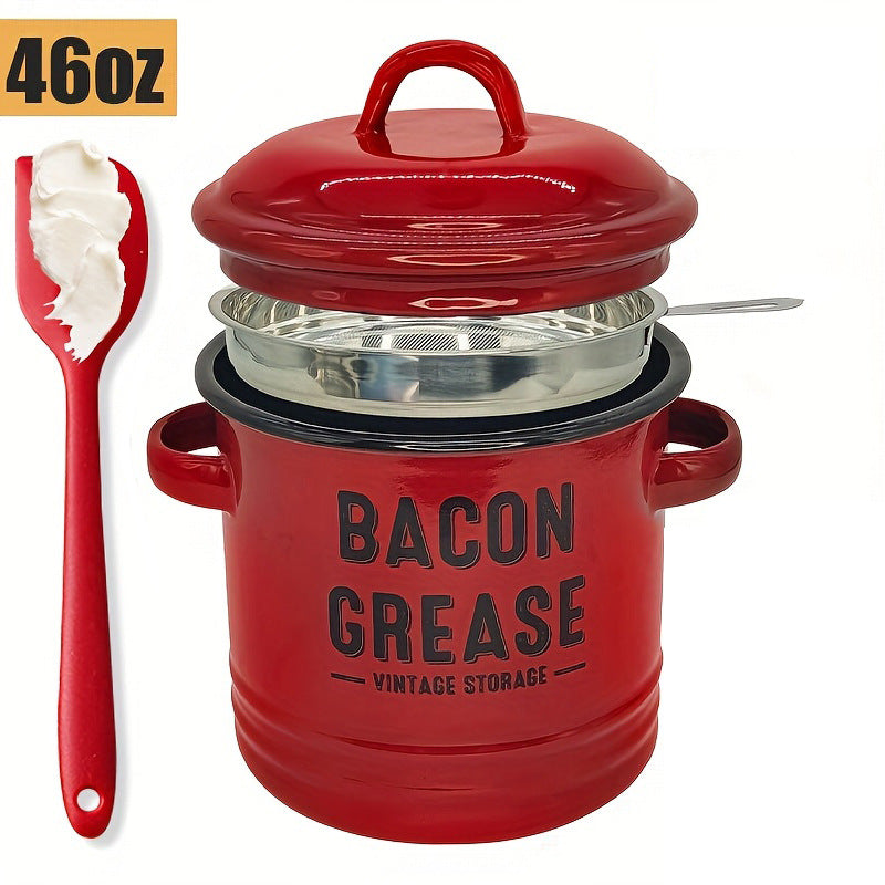 42 oz bacon grease container with strainer and food-grade silicone spatula