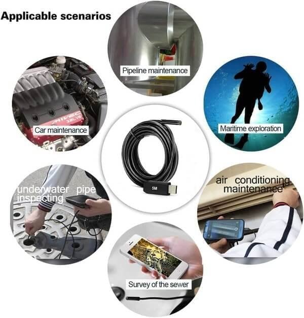 3-IN-1 ENDOSCOPE - 2.0MP HD with 6 LED Lights, IP67 Waterproof, Compatible with Smartphones for Home Inspection and DIY Projects