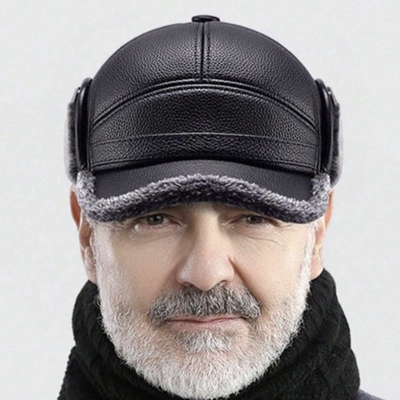 New Men's Winter Hat with Sheepskin Flat Top Earmuffs