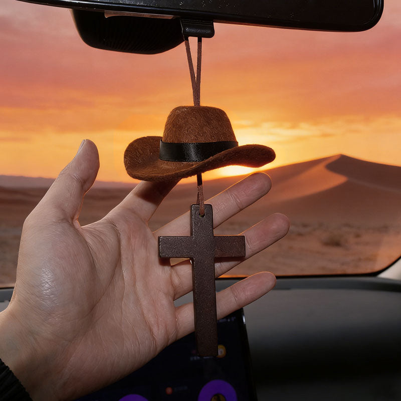 Cowboy Hat & Cross Car Charm | A Ride with Style & Faith