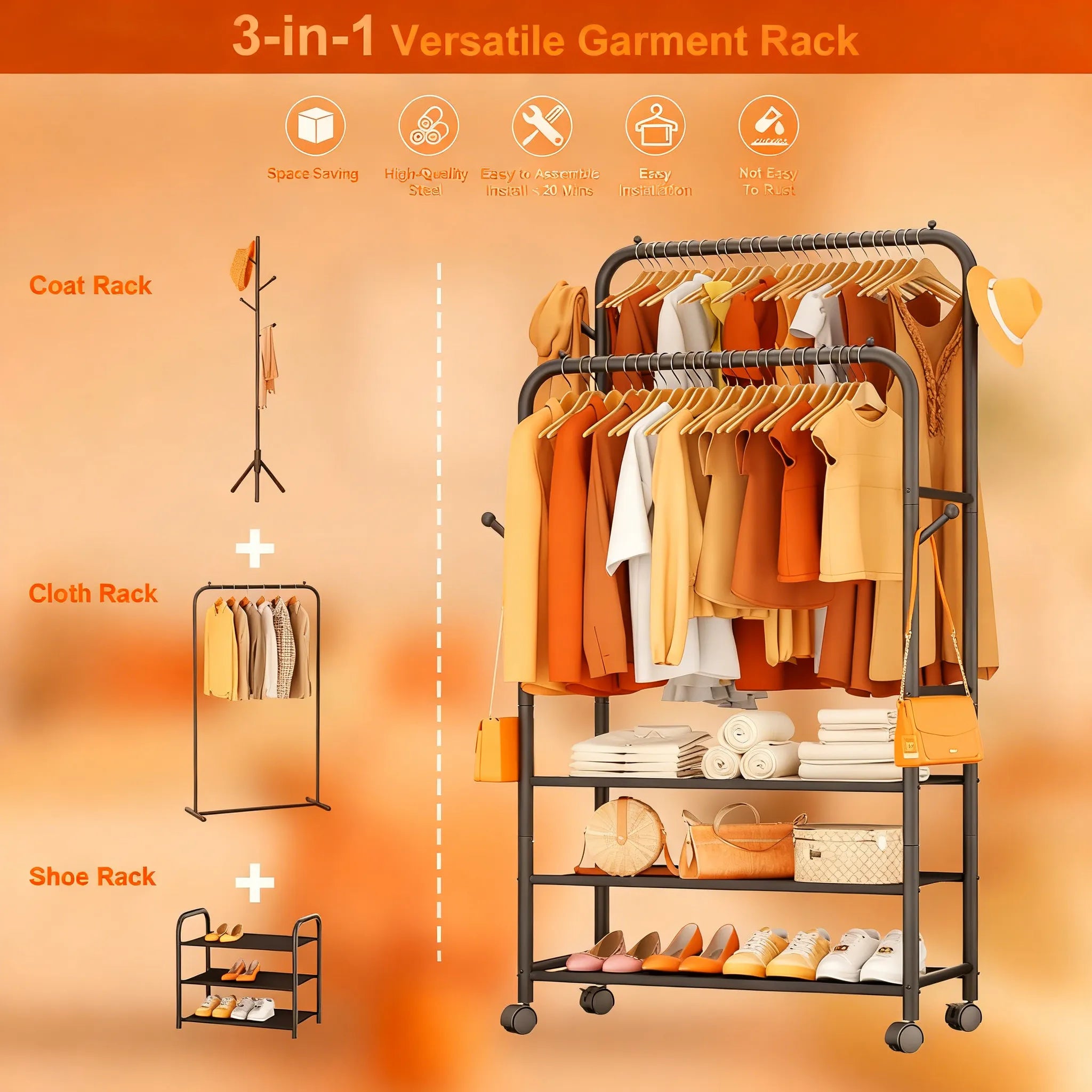 3-in-1 Adjustable Rolling Garment Rack: Maximize Your Closet Space