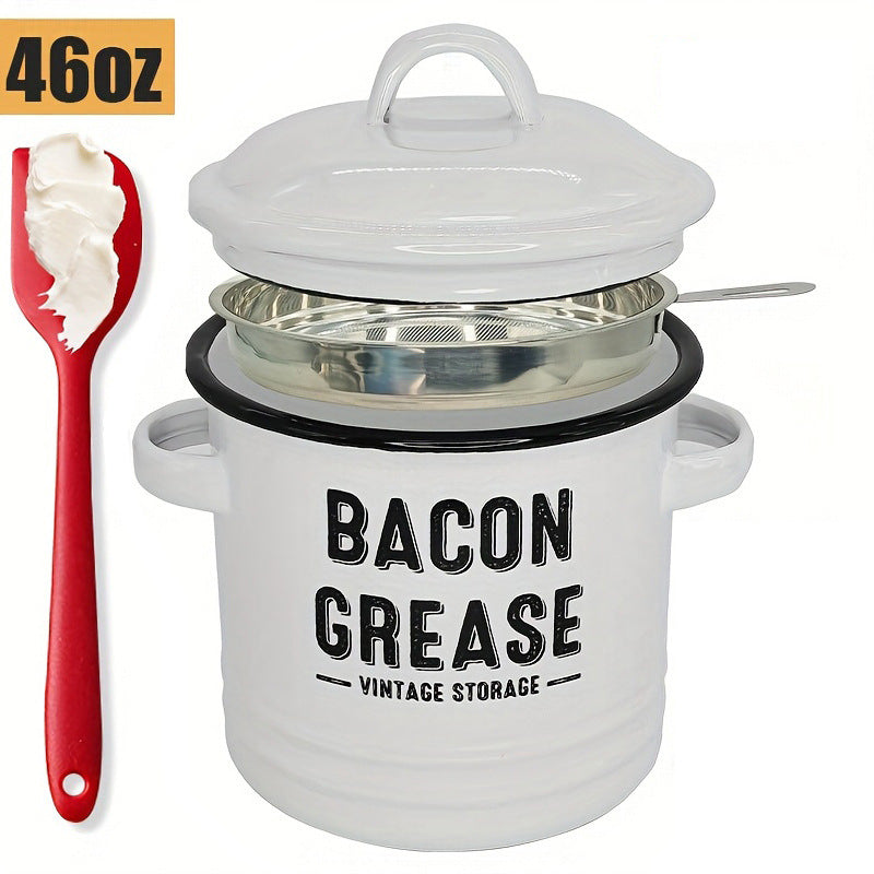 42 oz bacon grease container with strainer and food-grade silicone spatula