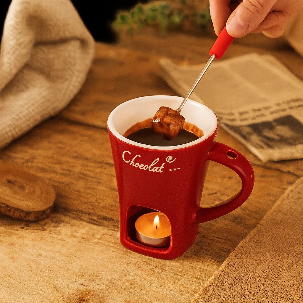 Ceramic Fondue Set – Chocolate, Cheese & Butter Melting Pot with Fork and Tealight Candle