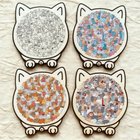 135-piece wooden puzzle in the shape of a cat in Morandi colors