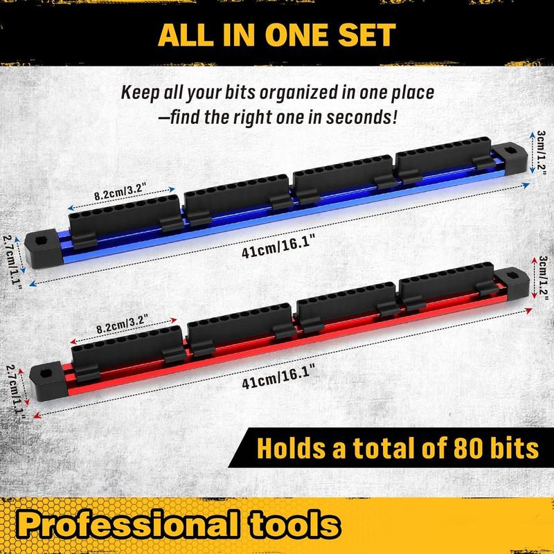 2PCS Magnetic Slidable Drill Bit Holder, 80 Holes Bit Storage with Strong Magnetic Rail