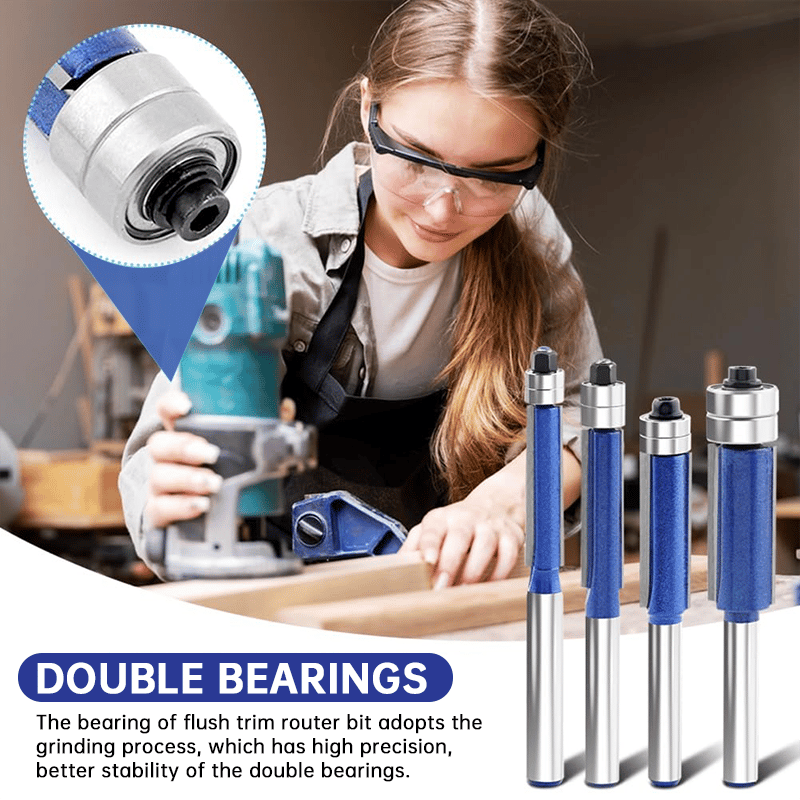 Professional 4-Piece Double Bearing Flush Trim Router Bit Set