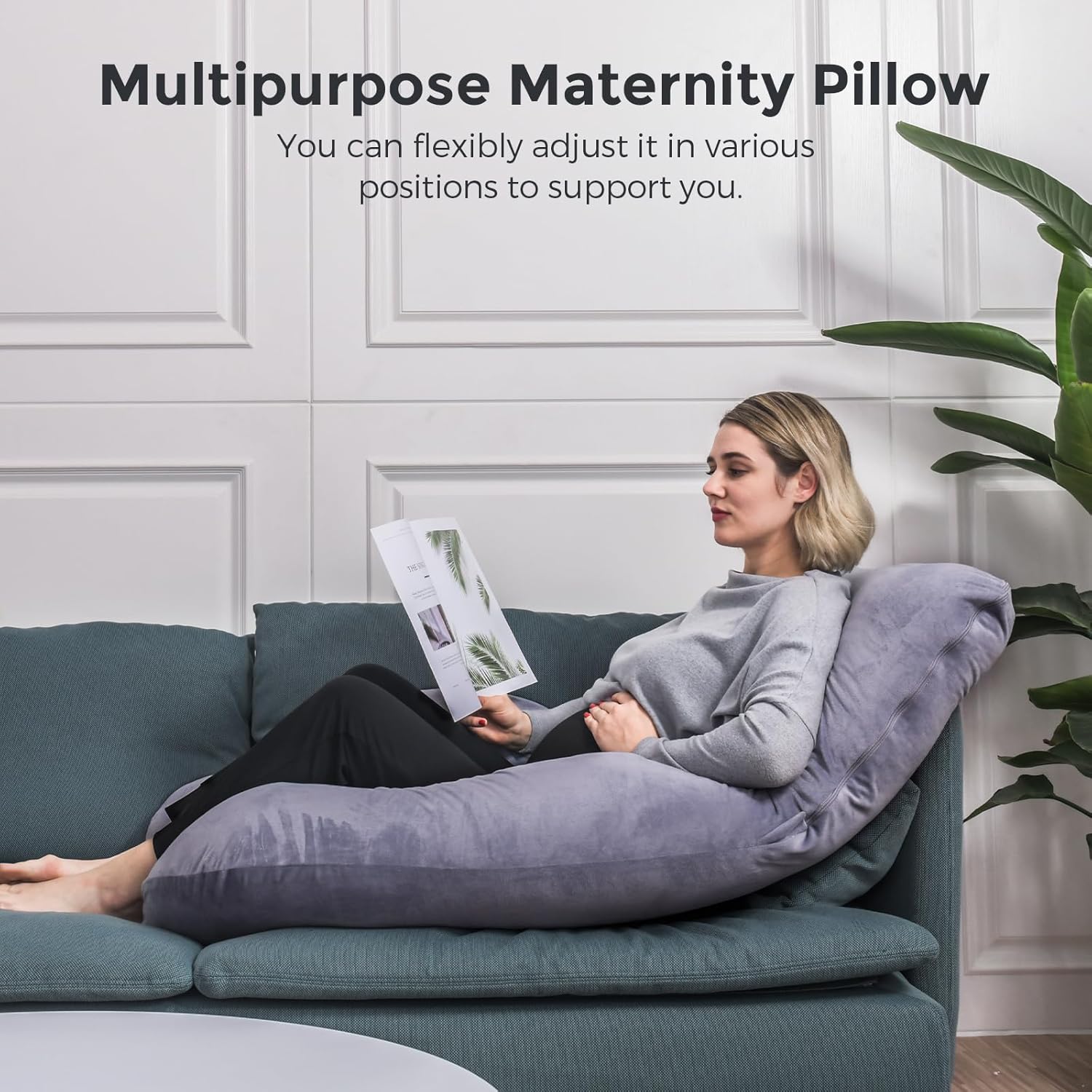 Pregnancy Pillow J-Shaped Full Body Pregnancy Support Pillow – 57″ Removable Cover, Back, Belly, Legs Support, Grey™