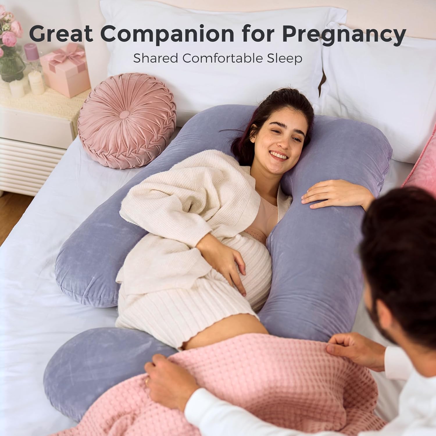 Pregnancy Pillow J-Shaped Full Body Pregnancy Support Pillow – 57″ Removable Cover, Back, Belly, Legs Support, Grey™