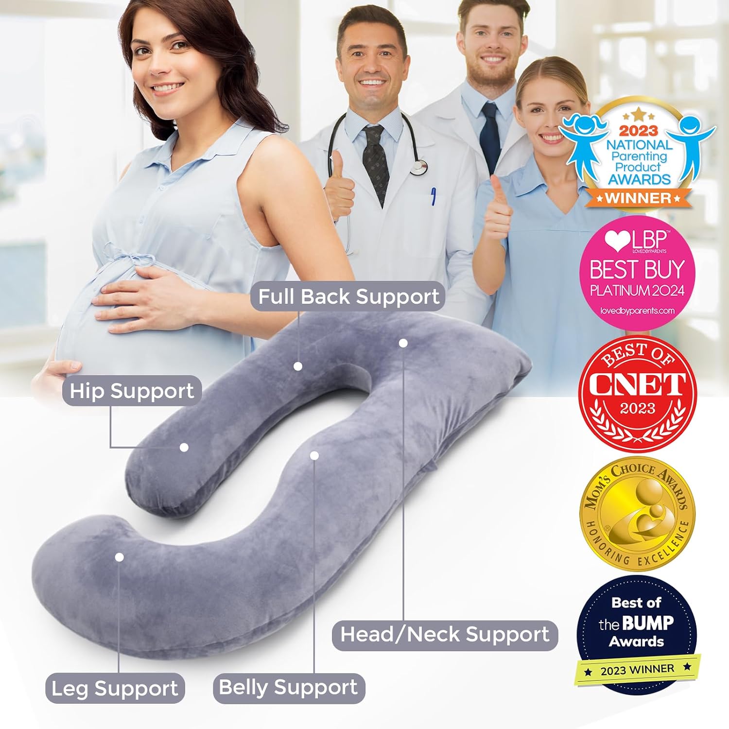 Pregnancy Pillow J-Shaped Full Body Pregnancy Support Pillow – 57″ Removable Cover, Back, Belly, Legs Support, Grey™