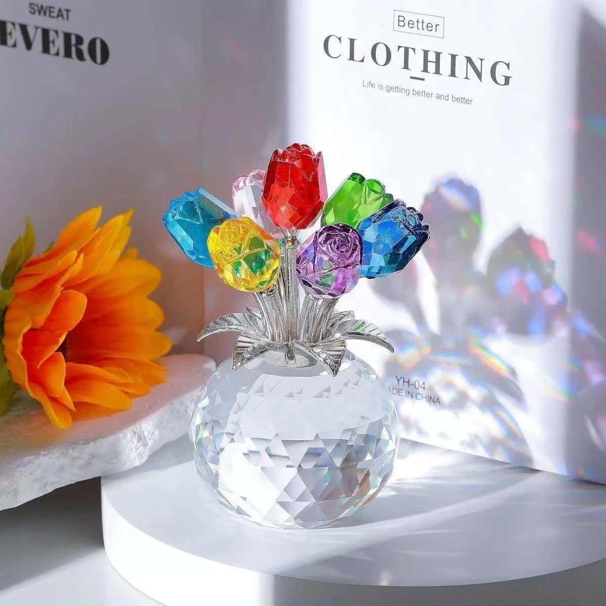 Crystal Colorful Rose Flower Collectible Figurine with Vase