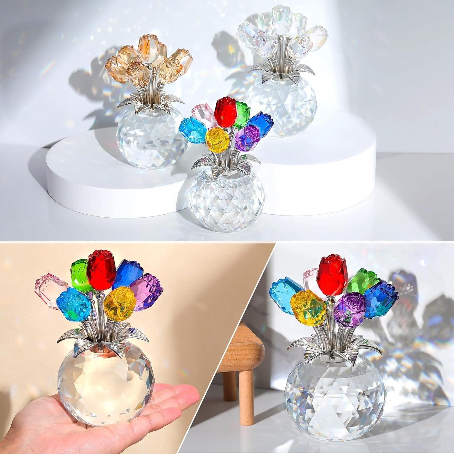 Crystal Colorful Rose Flower Collectible Figurine with Vase