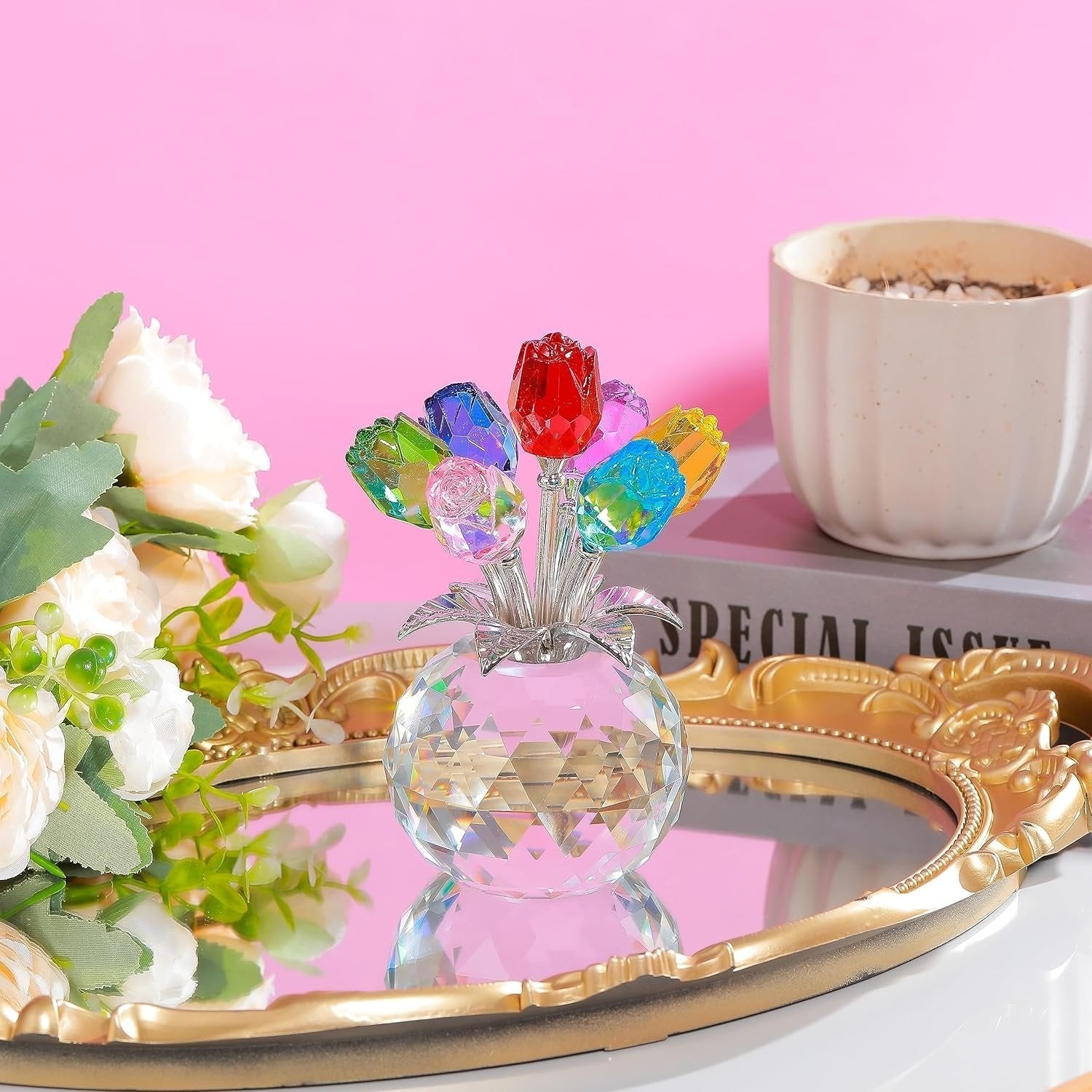 Crystal Colorful Rose Flower Collectible Figurine with Vase