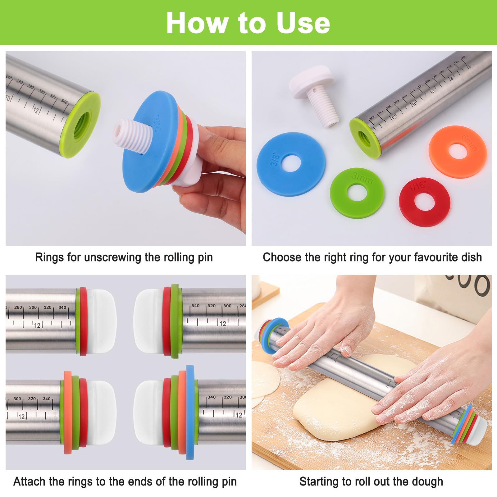 Adjustable Stainless Steel Rolling Pin with Thickness Rings