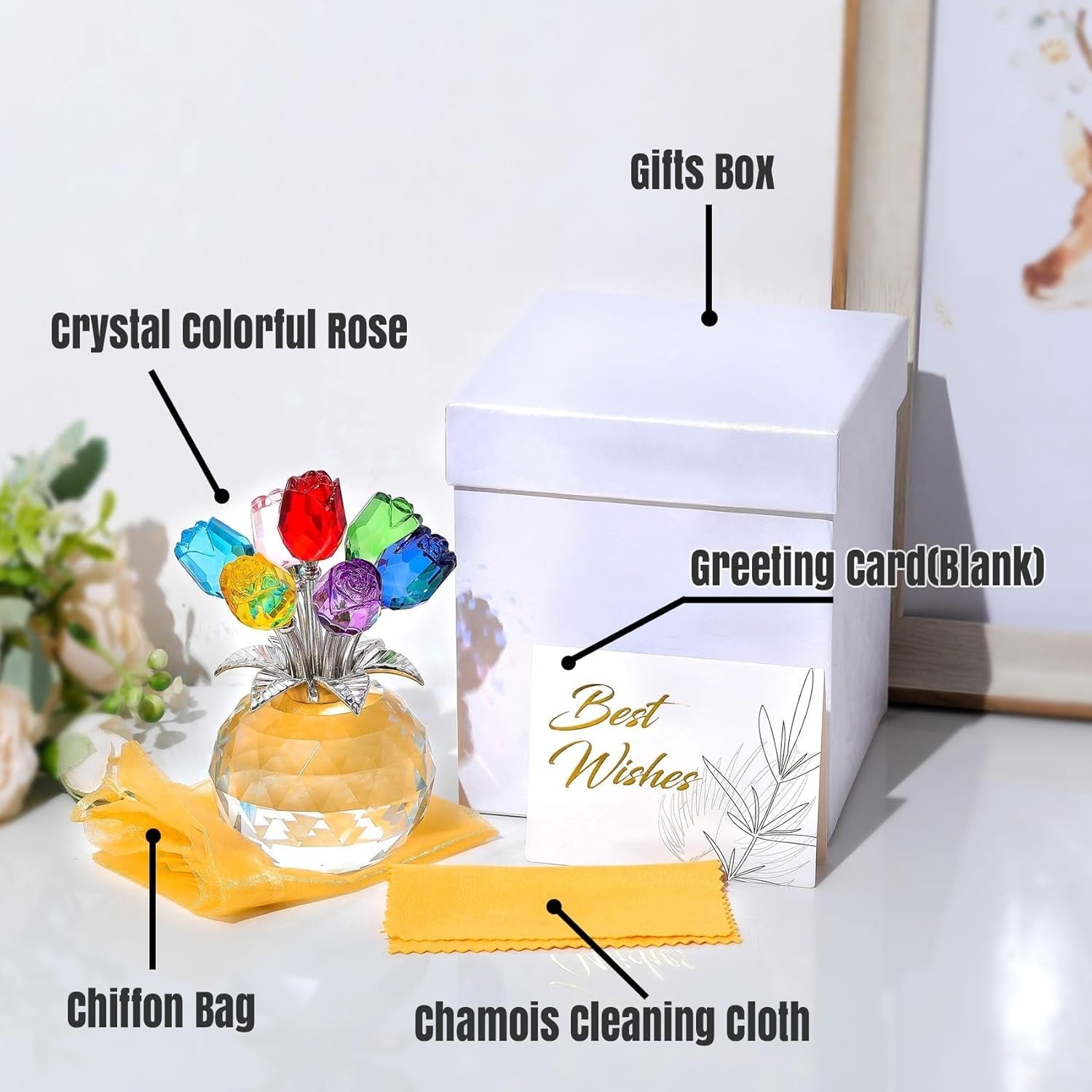 Crystal Colorful Rose Flower Collectible Figurine with Vase
