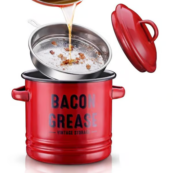 42 oz bacon grease container with strainer and food-grade silicone spatula