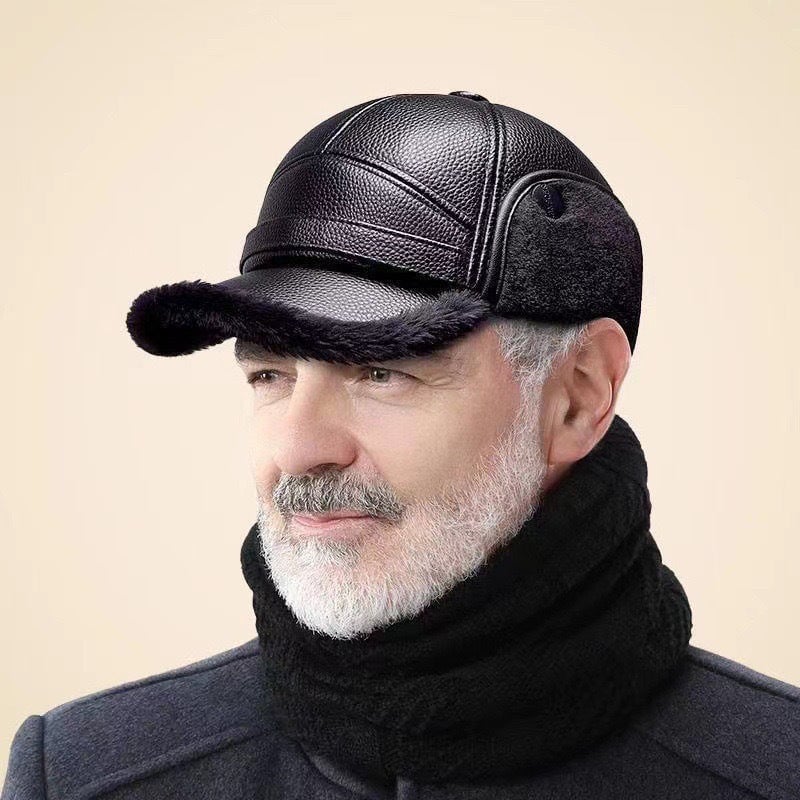New Men's Winter Hat with Sheepskin Flat Top Earmuffs