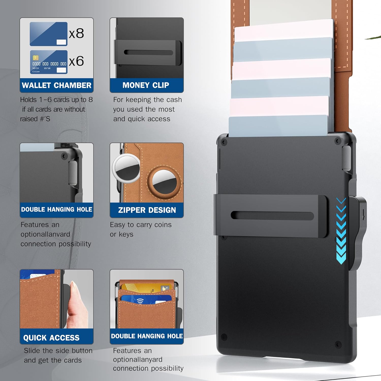 Wallet for Men - with Pop Up Aluminum Case Money Clip Slim Leather Slots Credit Card Holder RFID Blocking Bifold Minimalist Wallet