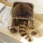 Raccoon Tail Mood Hat – Retro Y2K Detachable Fluffy Earmuffs, Hypoallergenic Winter Accessory, Machine-Washable, Cozy Cottagecore Style for Outdoor and Casual Wear