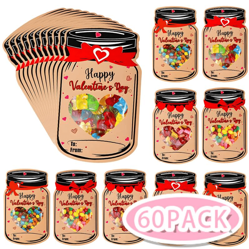 Valentines Day Cards for Kids - 60 Pack Mason Jar Valentine Gifts Cards
