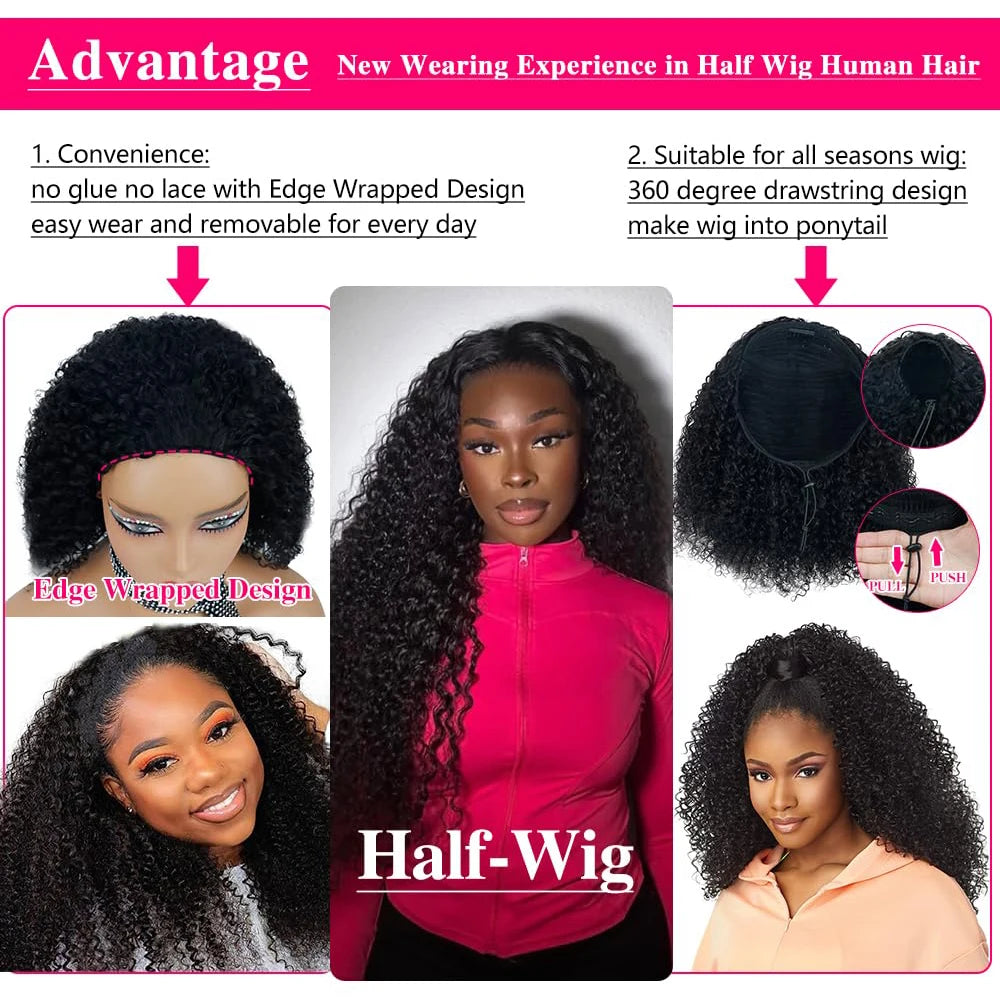 Glueless Kinky Curly Human Hair Half Wig