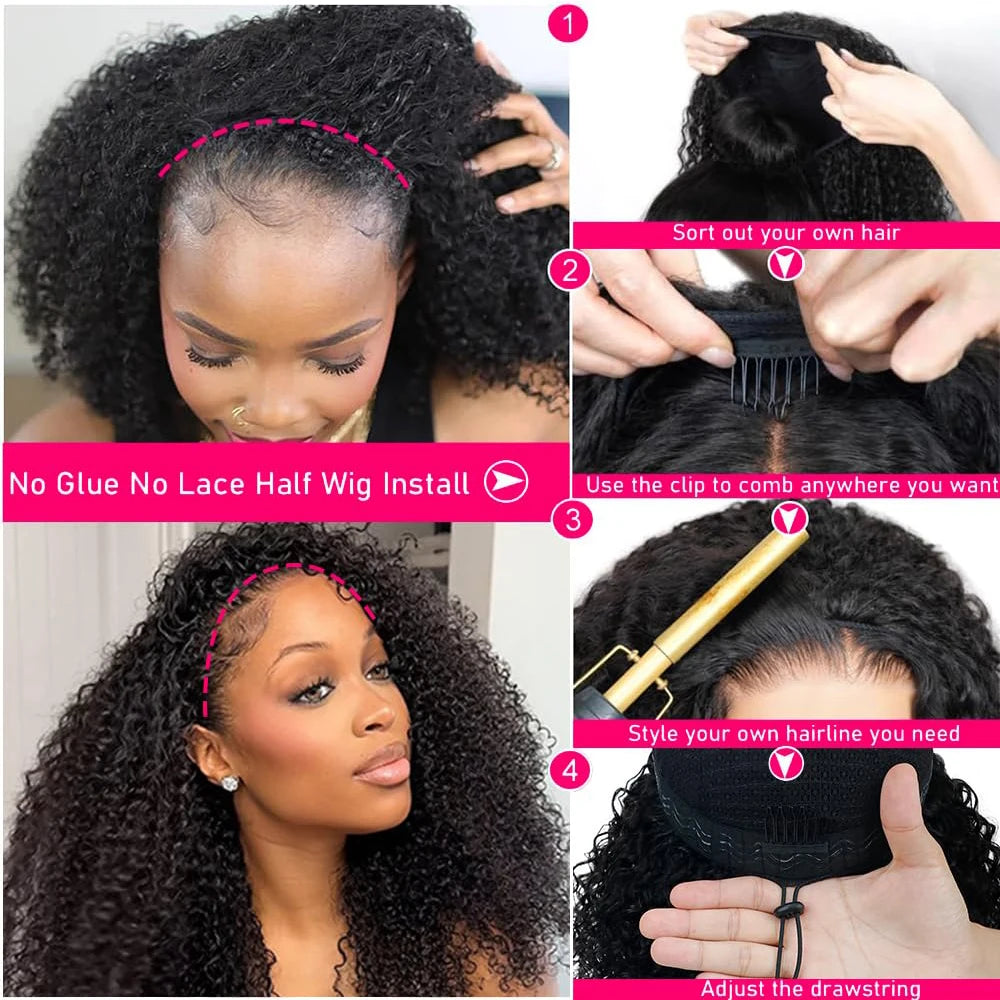 Glueless Kinky Curly Human Hair Half Wig