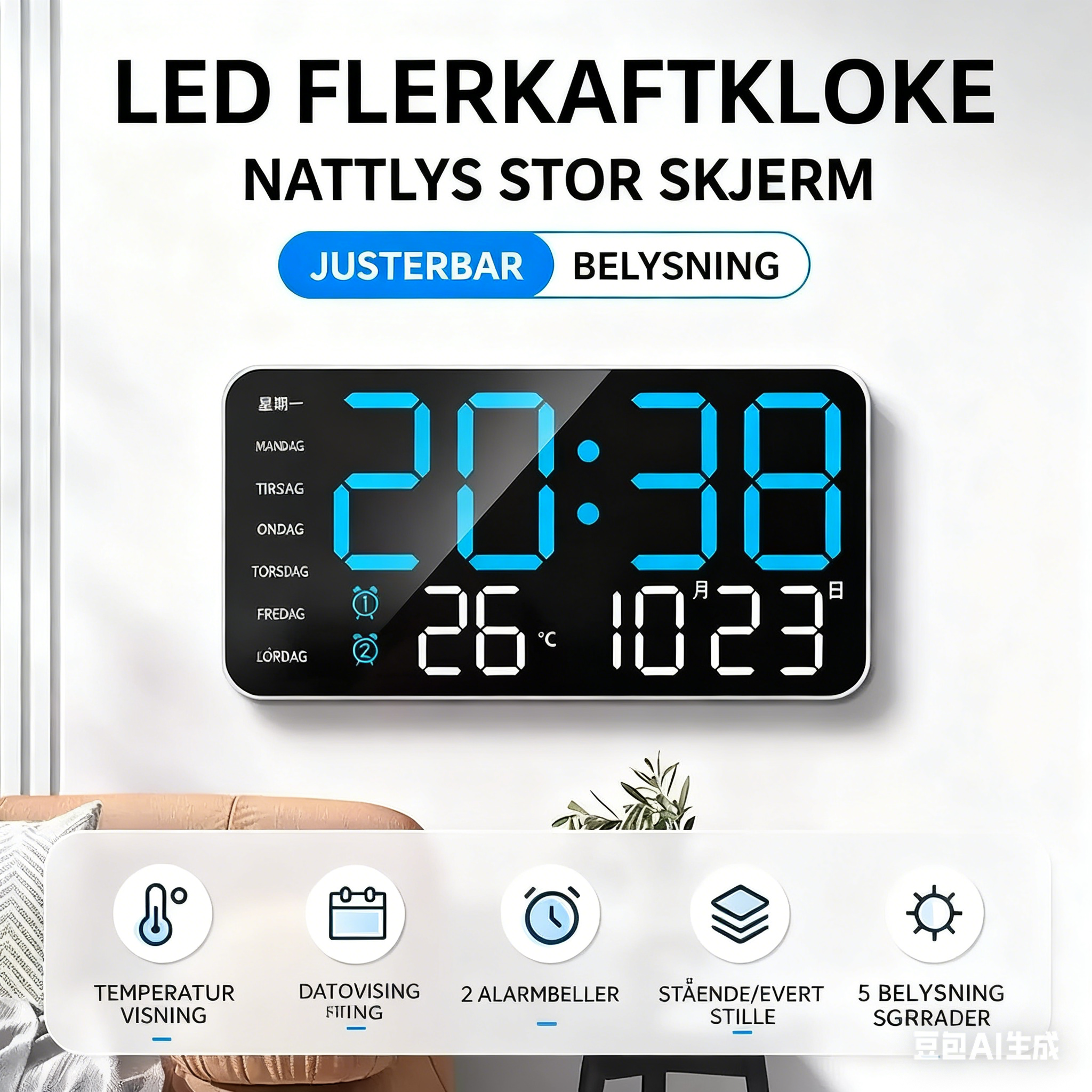 Multifunctional Decorative LED Digital Wall Clock
