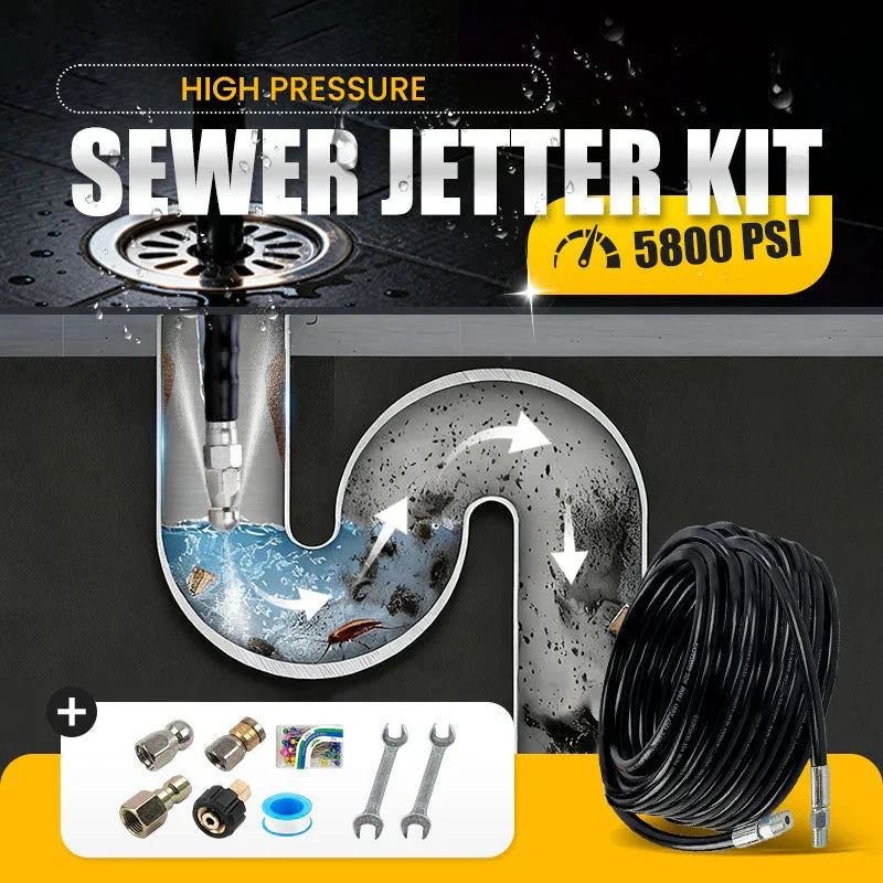 5800 PSI sewer cleaning kit – Rotating nozzle and reinforced hose for unclogging pipes
