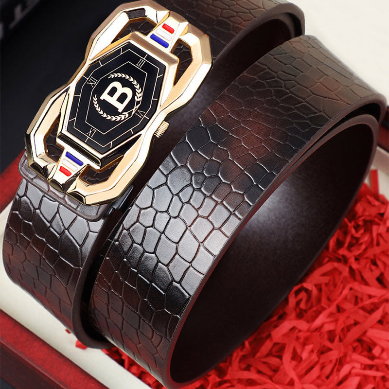 Leather belt for men with elegant crocodile leather pattern, with automatic buckle and made of cowhide