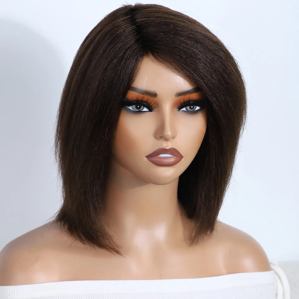 Natural Brown Kinky Straight Bob Wig