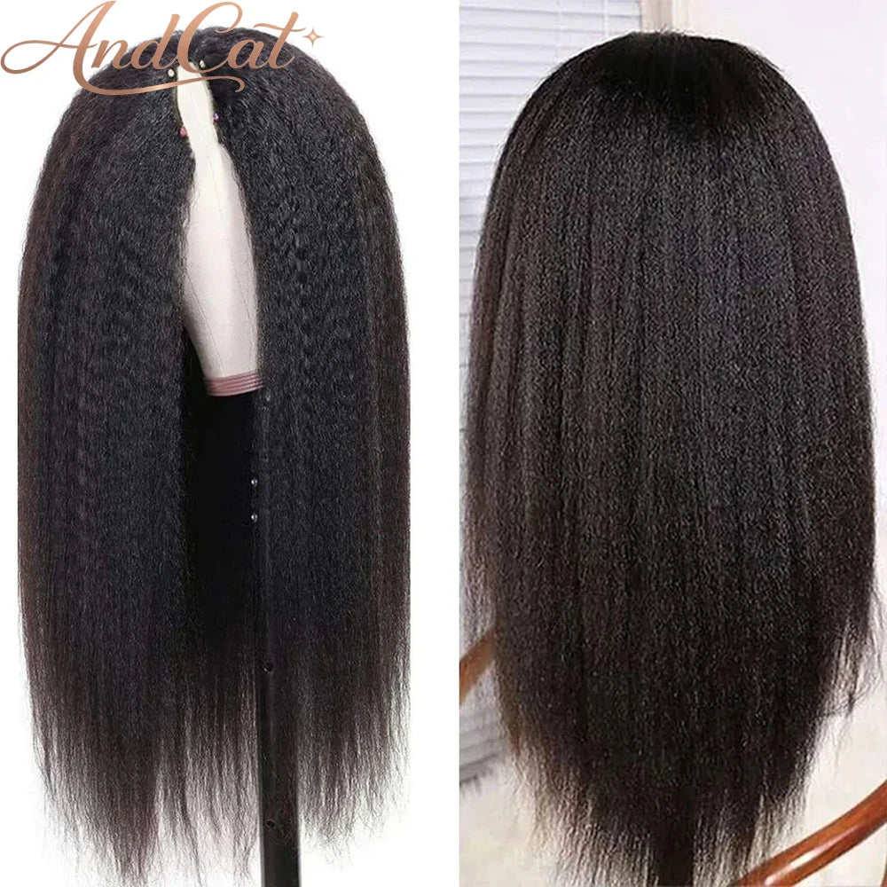 Kinky Straight Glueless V-Part Human Hair Wig