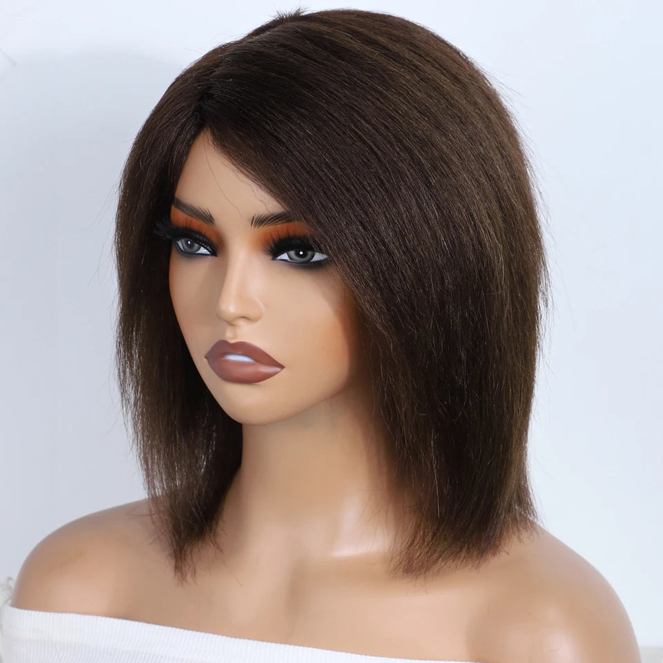 Natural Brown Kinky Straight Bob Wig