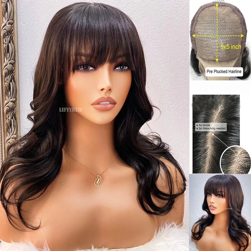 Body Wave Wig with Bangs, Silk Base Closure