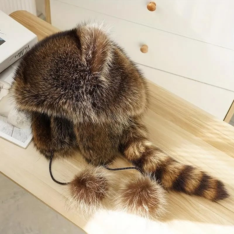 Raccoon Tail Mood Hat – Retro Y2K Detachable Fluffy Earmuffs, Hypoallergenic Winter Accessory, Machine-Washable, Cozy Cottagecore Style for Outdoor and Casual Wear