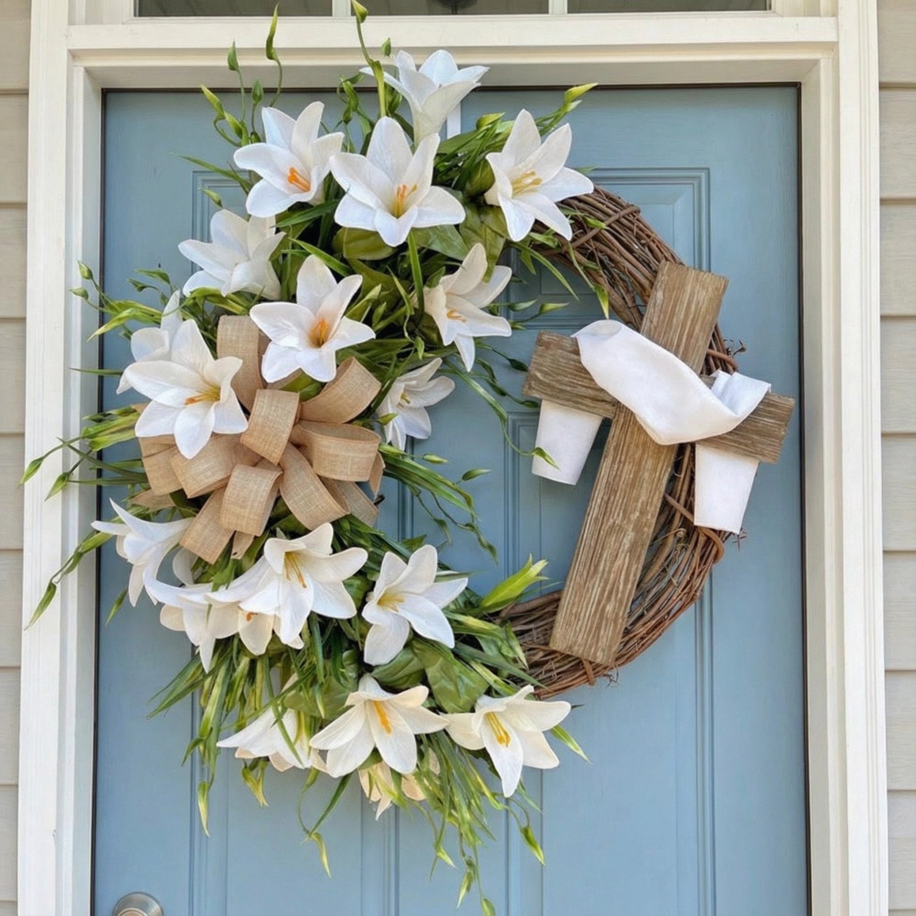 #1 Bestselling - Easter “Holy Embrace” White Lilies Crucifix Wreath