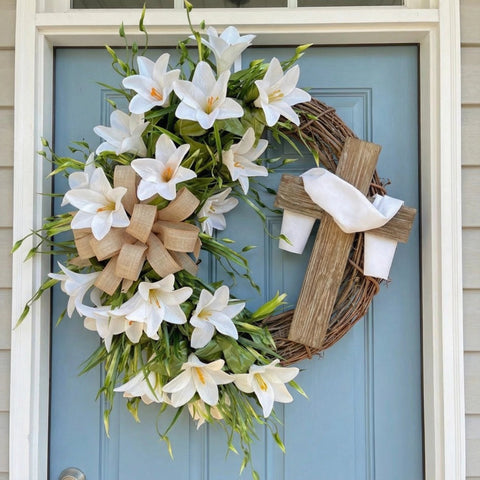 #1 Bestselling - Easter “Holy Embrace” White Lilies Crucifix Wreath
