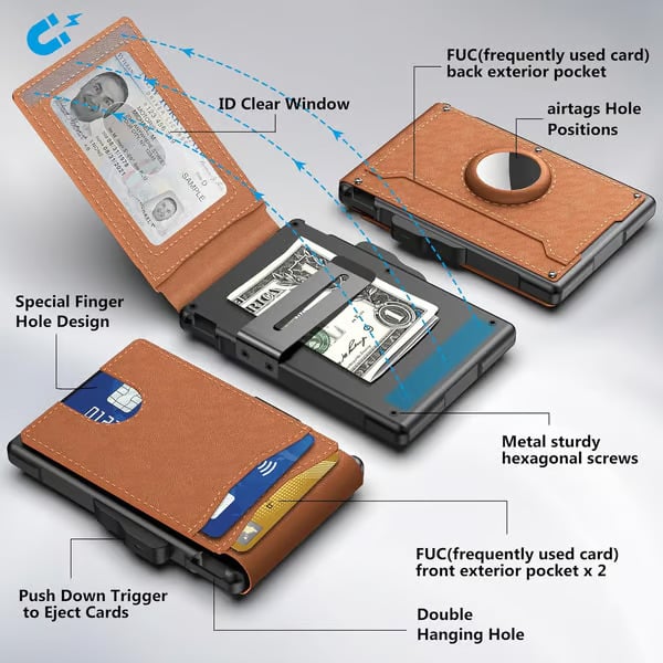 Men's Simple Bifold Wallet- with Pop Up Aluminum Case Money Clip Slim Leather Slots Credit Card Holder RFID Blocking Bifold Minimalist Wallet