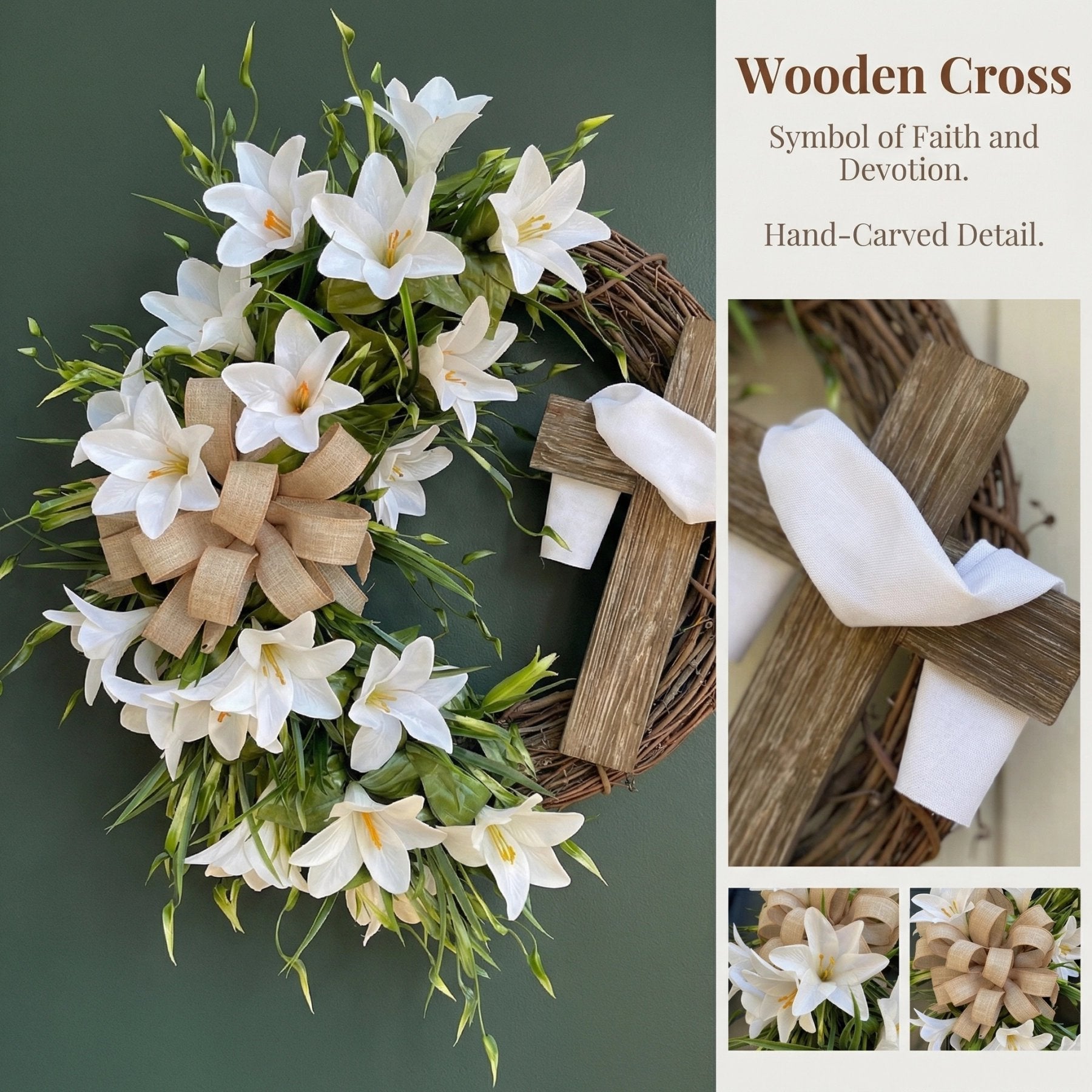 #1 Bestselling - Easter “Holy Embrace” White Lilies Crucifix Wreath